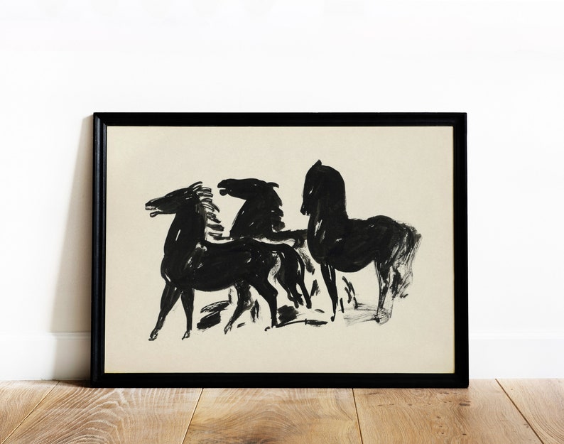 Zwart paard schets schilderij Vintage minimale dierentekening Zwart-witte kunst Afdrukbare download 108 afbeelding 2