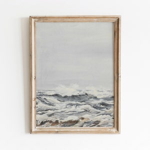 Gorras blancas / Pintura de paisaje marino vintage / Pintura al óleo de olas del océano / Arte decorativo en azul sutil / Descarga digital / 325