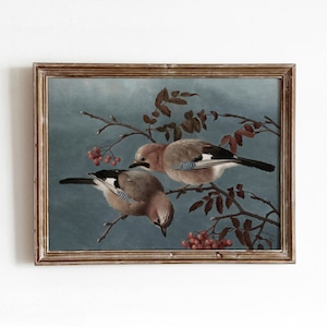 Birds + Berries | Vintage Nature Painting | Wildlife Animal Art | Winter Autumn Painting | Digital Download | 252
