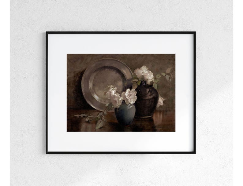Blumen + Teller Stillleben | Vintage Gemälde | Dunkel schwermütige Blumen Still Kunst | Druckbare Kunst | Digitaler Download | 241 Bild 4