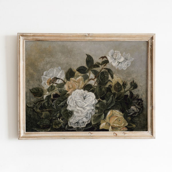 White + Yellow Roses | Vintage Floral Still Life | Flower Bouquet Oil Painting | Digital Download | 766