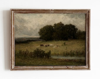 Grazing Cows Near Stream | Vintage landscape Oil Painting | Moody Farmhouse Artwork | Digital Download | 44