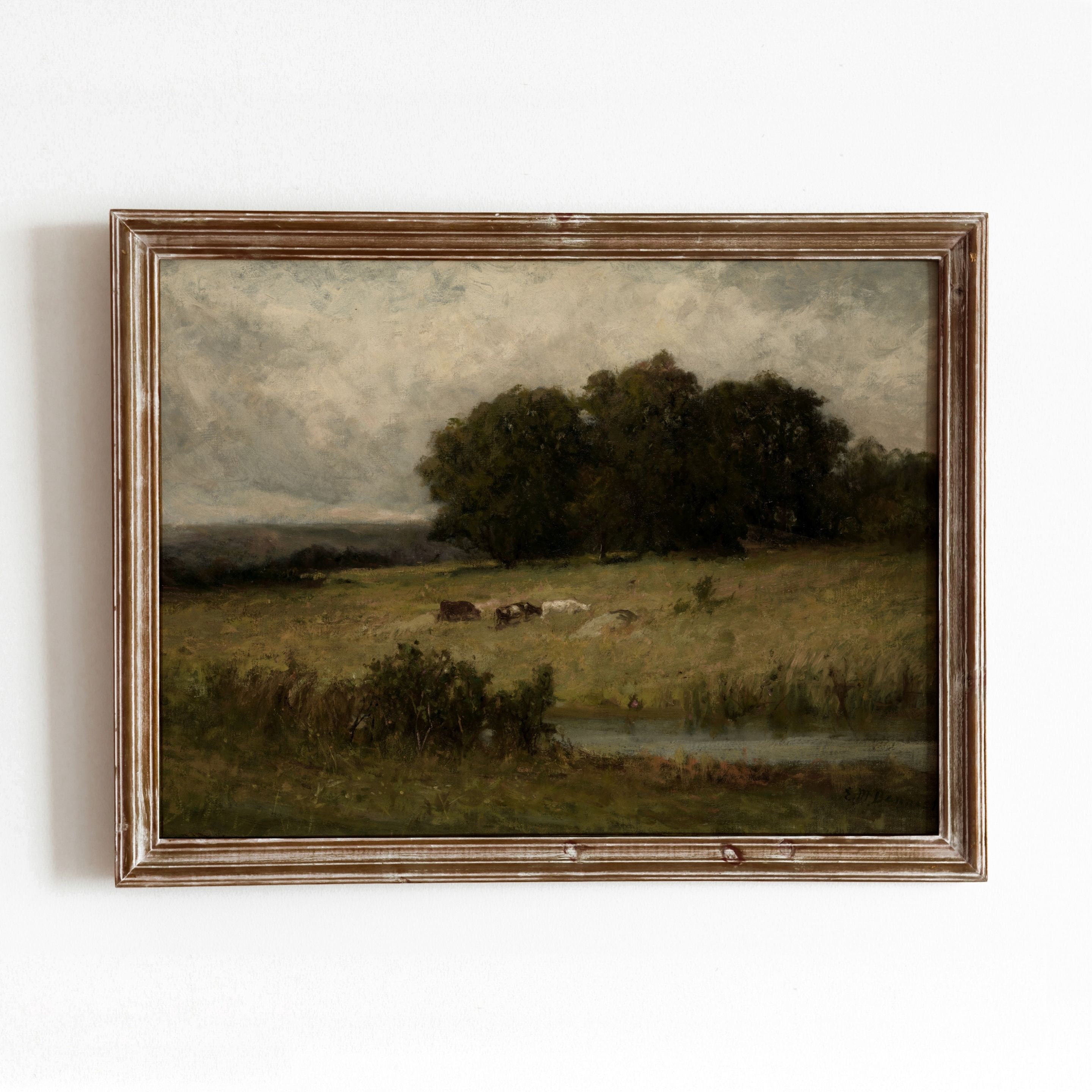 Grazing Cows Near Stream | Vintage landscape Oil Painting | Moody Farmhouse Artwork | Digital Download | 44