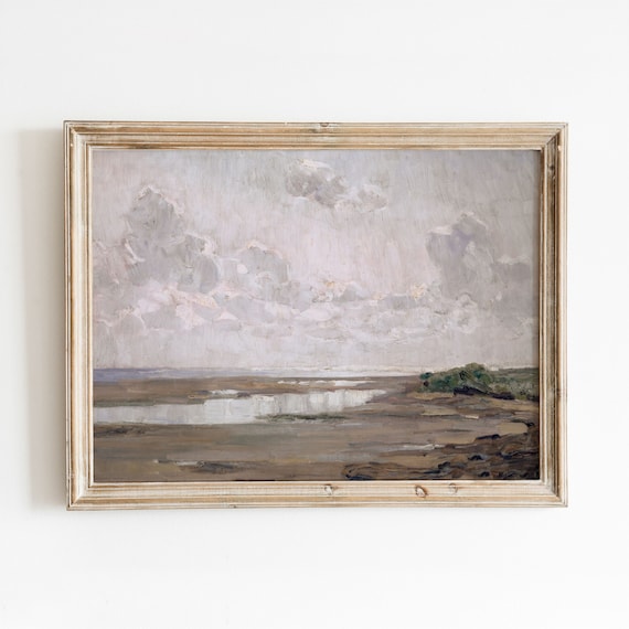 Overcast Beach | Vintage Coastal Beach Painting | Cloudy Sky Landscape | Printable Art | 60