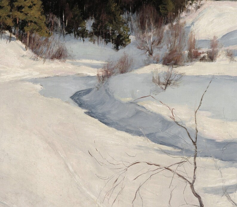 Pu&ograve; includere: Un dipinto di paesaggio innevato con un ruscello sinuoso in primo piano. Il ruscello &egrave; di colore blu chiaro e la neve &egrave; bianca. Ci sono alberi spogli sulle rive del ruscello e un bosco sullo sfondo.