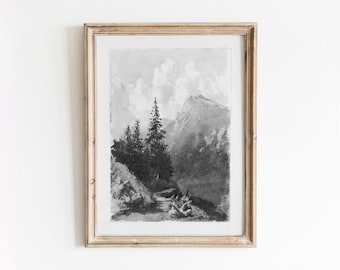 Mountain View | Vintage Black and White Landscape Watercolor | Rustic Scenic Painting | Digital Download | 845