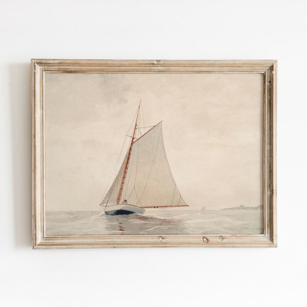 Sailboat | Vintage Watercolor Painting | Coastal Art | Minimal Beige Artwork | Digital Download | 05