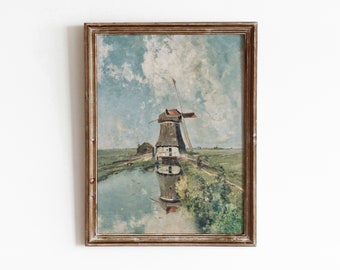風車の絵画：ヴィンテージオランダ風景画アートプリント（デジタル
