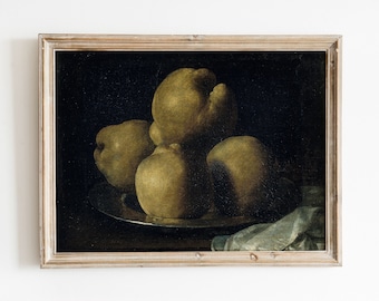 May include: A still life painting of a bowl of golden yellow quinces on a dark background. The quinces are arranged in a pyramid shape, with the largest quince at the top. The painting is framed in a light wood frame.