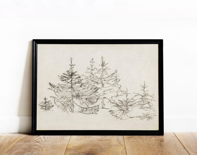 Christmas Tree Forest Vintage Black and White Sketch Nature Illustration Digital Download 459 image 2