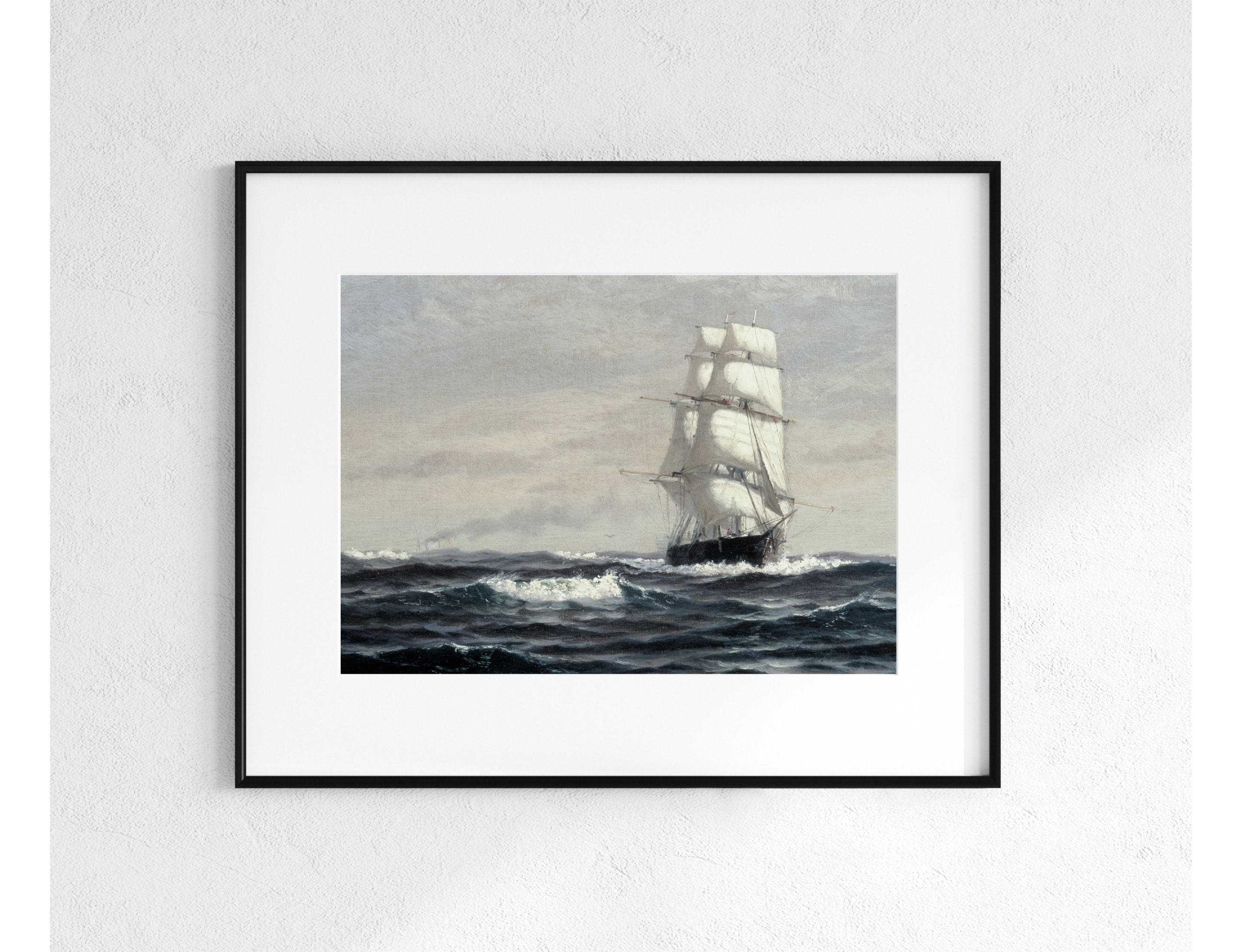 海上の船 | ヴィンテージ海景油絵 | 海の帆船ボートの絵画 | 印刷可能