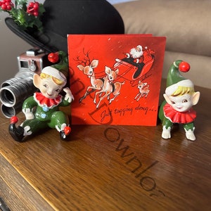 Printable Vintage Reindeer and Santa Christmas Card with Envelope Instant Download