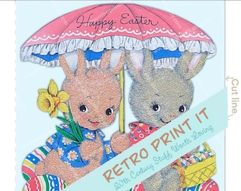 Printable Vintage Easter Card with Bunnies with Envelope Instant Download