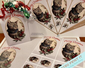 Vintage viktorianischer Stil Katze Weihnachten Leckerli Beutel, Kegel, Tischset und Aufkleber (Digitaler Download)