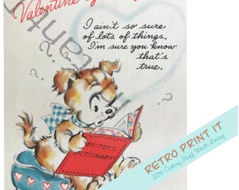 Biglietto di San Valentino stampabile con cucciolo retrò vintage, kitsch anni '40 (download immediato) fai da te
