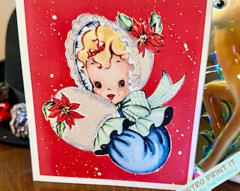 Printable Vintage Little Girl Christmas card - Instant Download Printable Art - Paper Crafts Scrapbooking