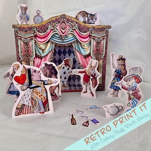 Diorama vintage de Alicia en el país de las maravillas para imprimir, con escenario y más de 12 personajes para recortar, descarga digital