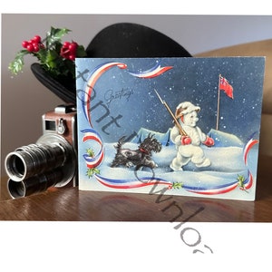 Carte de Noël vintage imprimable avec un chien scottish et un bonhomme de neige en téléchargement numérique