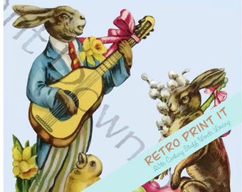 Printable Vintage Bunny Easter Card and Envelope Instant Download.