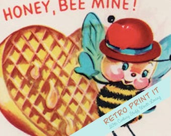 Printable Vintage retro Honey Bee Valentine Card: 'Bee Mine' Design (Digital Download)