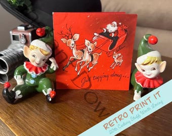 Printable Vintage Reindeer and Santa Christmas Card with Envelope Instant Download