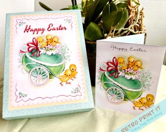 Scatola e biglietto di Pasqua con pulcini vintage stampabili con busta, download immediato