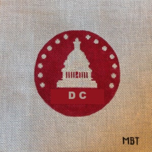 May include: A red circle with white dots surrounds a white illustration of the U.S. Capitol building. The letters "DC" are in a red rectangle at the bottom of the image. The background is a light beige canvas.