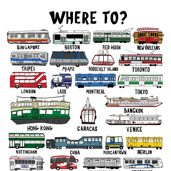 Transit Illustrated Print - Trains poster / Transit wall art / Gift for travellers / Hand drawn trains and buses / Kids room print