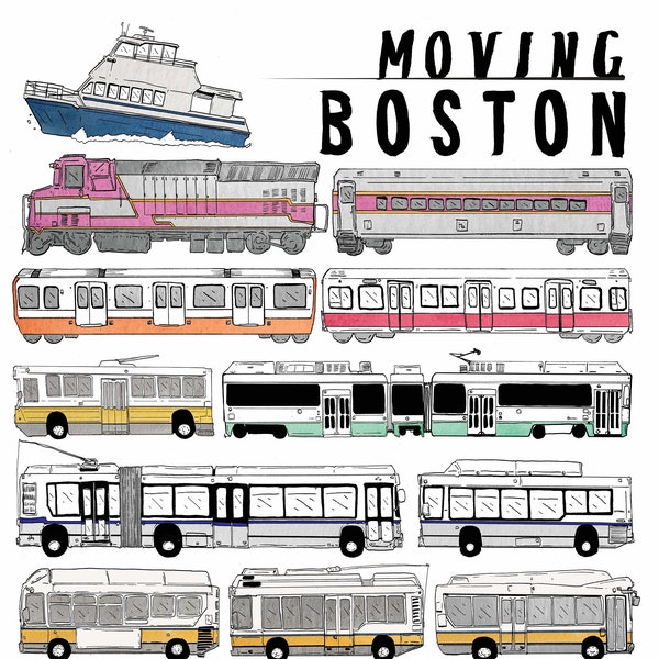 Boston Transit Print - Trains poster / Boston wall art / Gift for transit fans / Hand drawn Boston transportation / Gift for Boston dads