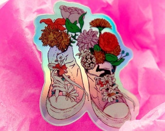 Vintage Shoe Flower Vinyl Sticker / Cottagecore Holographic Sticker / Hydroflask Sticker / Flower Sticker / Sneaker Sticker