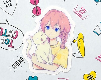 Pink Cat Lover Anime Girl Sticker Transparente Premium Vinilo Impermeable