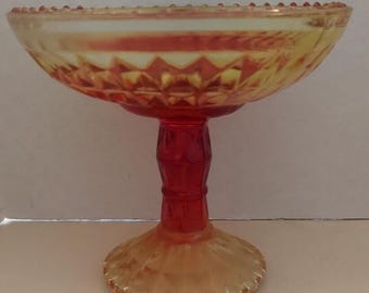 Vtg Jeanette Amberina Compote Dish Bowl Footed Glass Pedestal Red Yellow Flashed