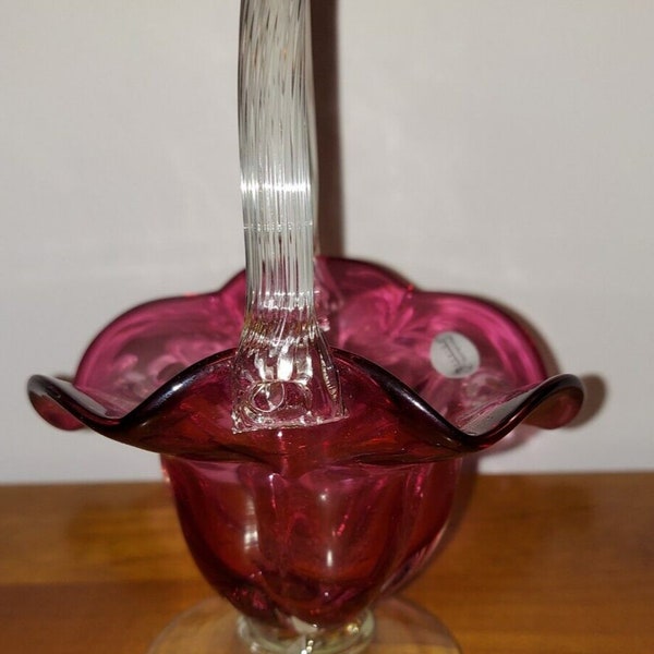 Fenton Cranberry Pink Ruffled Edge Clear Handle Glass Basket 8" high