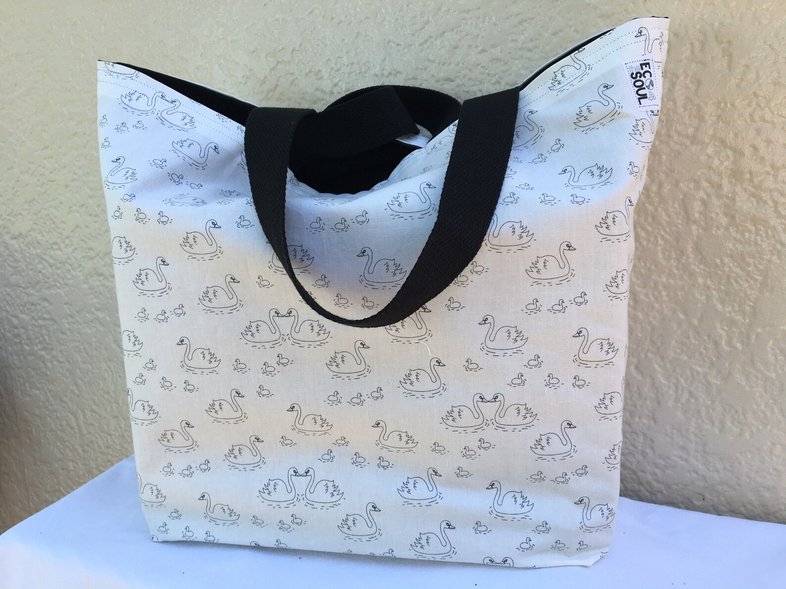 Swan tote bag reversible black & beige Etsy