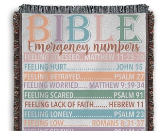 Manta tejida con números de emergencia bíblicos, decoración cristiana para el hogar.