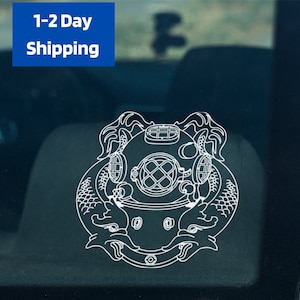 May include: A white outline drawing of a diving helmet with a pair of fish flanking the sides. The helmet has a large round window with a cross-hatch pattern inside. The fish have scales and fins. The drawing is on a dark blue background.