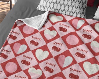 Manta de Minky con cerezas: Manta de terciopelo con cerezas en forma de corazón, regalo de San Valentín