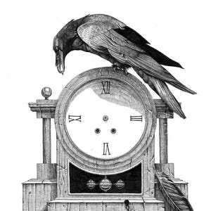 Puede incluir: Ilustración en blanco y negro de un cuervo posado sobre un reloj antiguo. La esfera del reloj muestra números romanos. Una pluma descansa cerca de la base del reloj. La obra de arte es muy detallada con sombreado intrincado.