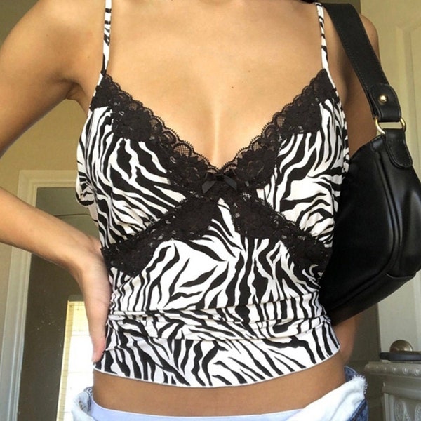 Y2K Zebra Vest With Lace + Bow Detail Crop top  - - 2000s, 90s Angel Baby, Rave + Festival Style Top