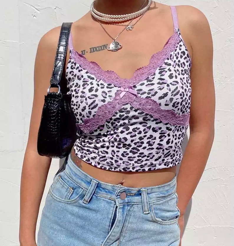 Y2K Leopard Print Crop Vest With Bow Lace Detail 2000s, 90s Angel Baby, Rave Festival Style Top image 3