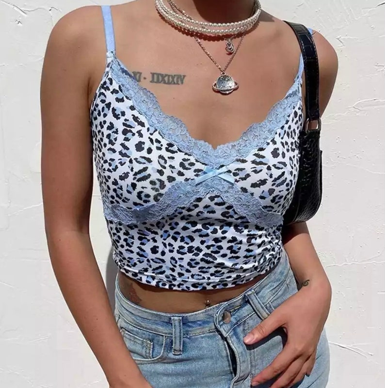 Y2K Leopard Print Crop Vest With Bow Lace Detail 2000s, 90s Angel Baby, Rave Festival Style Top image 2