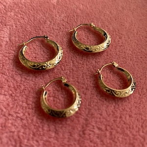 9ct Gold Patterned Creoles, 19mm and 15mm Gold Creole Hoops, Stamped 375 9ct Gold