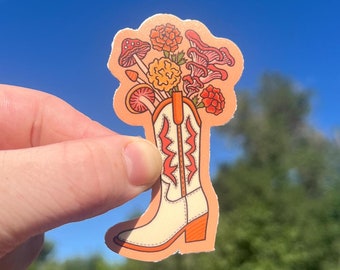 Cowboy Boot Sticker | Flower Art, Mushroom Decor, Gift For Her, Laptop Sticker, Pink Boot Art, Western Style, Pink Sticker, Vinyl Decal