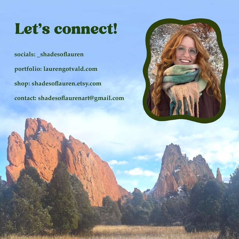 May include: Image with the text "Let's connect!" and contact details for the artist, including social media, portfolio, and shop information. A portrait of a woman with red hair and glasses is in the upper right. The background shows a mountain landscape.