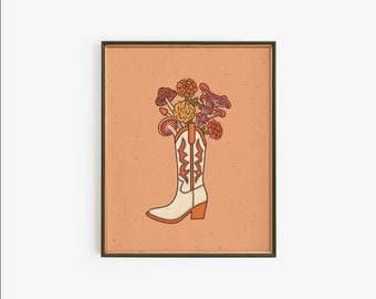 Mushrooms and Marigold Cowboy Boot Print 8x10 Feminine Western Minimalist Fine Art Print