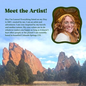 May include: An image with the text "Meet the Artist!" and a portrait of a smiling woman with red hair and glasses. The background shows red rock mountains and a blue sky, typical of a scenic landscape.