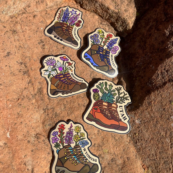 State Native Plants Hiking Boot Stickers, Utah, Minnesota, Wyoming, Montana, Colorado, Wildflower Sticker