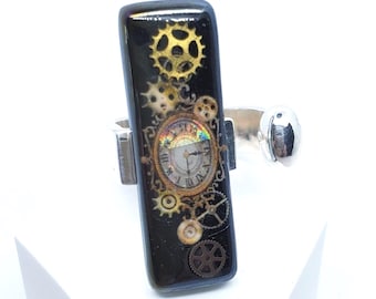 Anillo de mosaico de vidrio y reloj hecho a mano, con correa ajustable de color plateado.