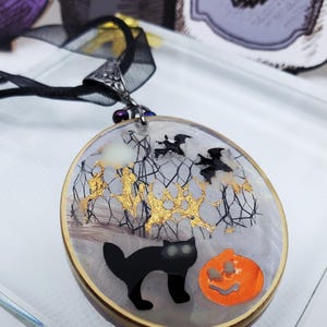 Glow in the Dark Halloween Necklace: Cat, Bats & Pumpkin Resin Pendant