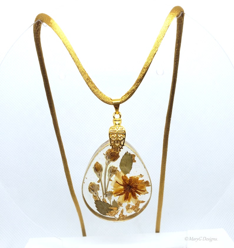 Natural Yellow Rose Necklace. Resin Rose Pendant With Satin Golden Cord ...